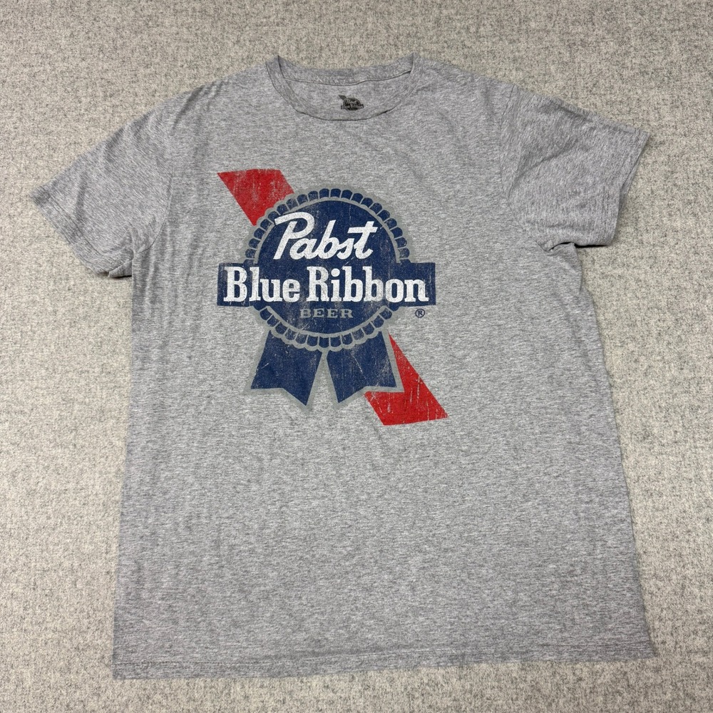 Pabst Blue Ribbon | Graphic T-Shirt | Medium | Gray | Distressed Logo Mad Engine